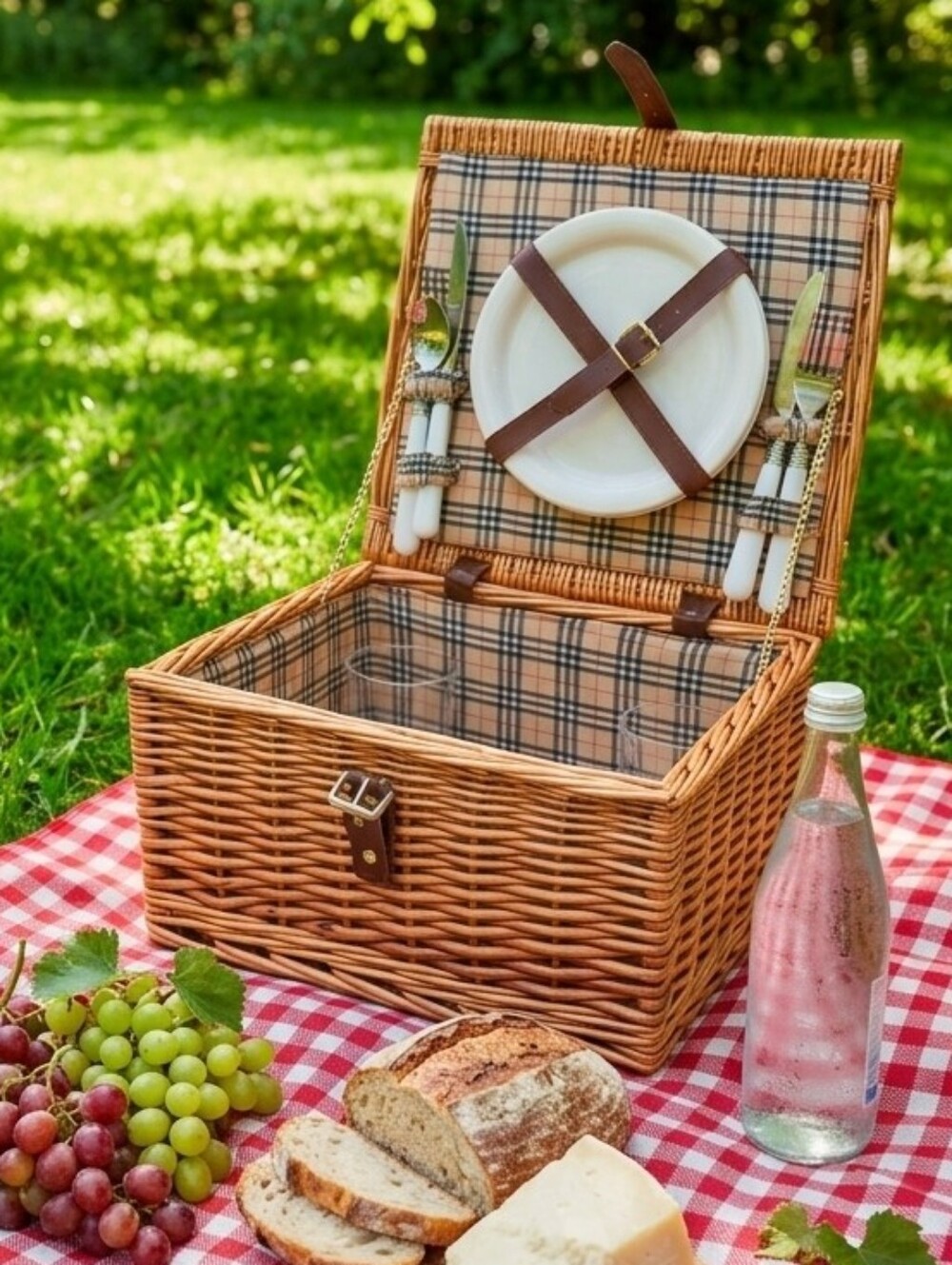 WOVEN RATTAN WICKER Perfect Date Picnic Basket with Lid and Accessories for Two